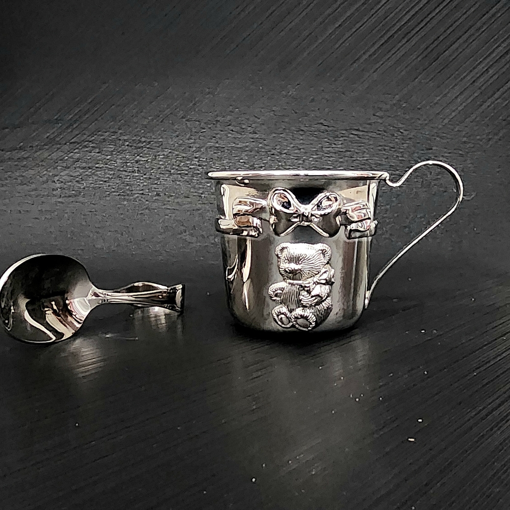 Silver Baby Cup and Spoon Set with Bear Design